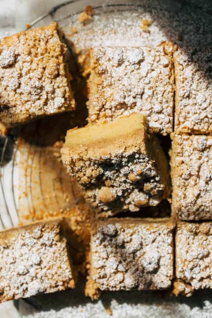 the top of a sliced coffee cake