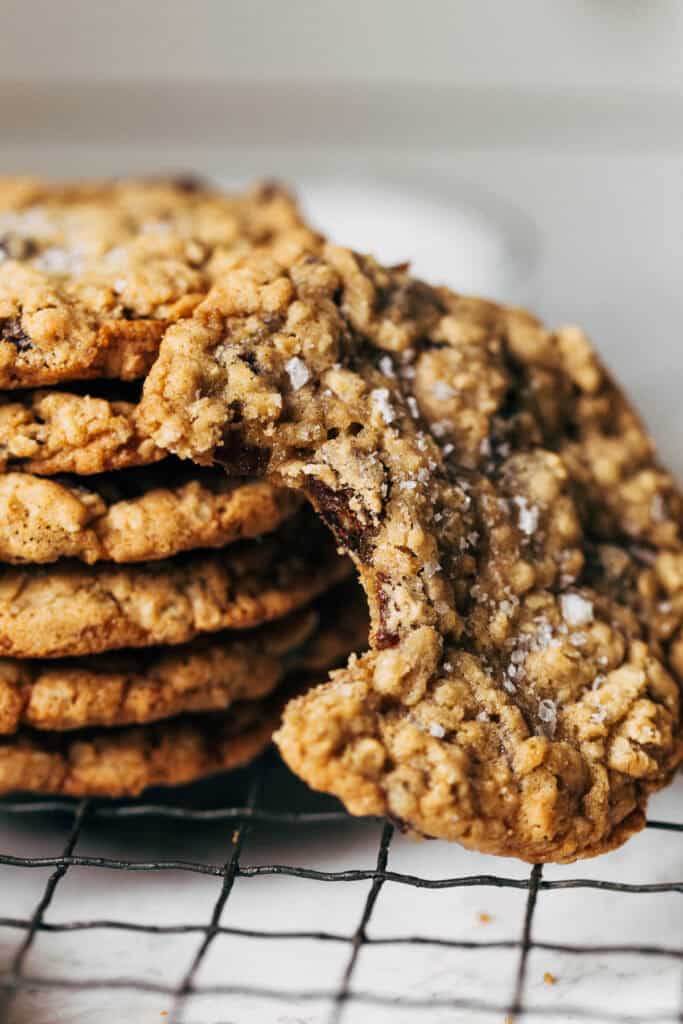 bite shot of a oatmeal raisin cookie