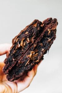 Inside a double chocolate chip cookie