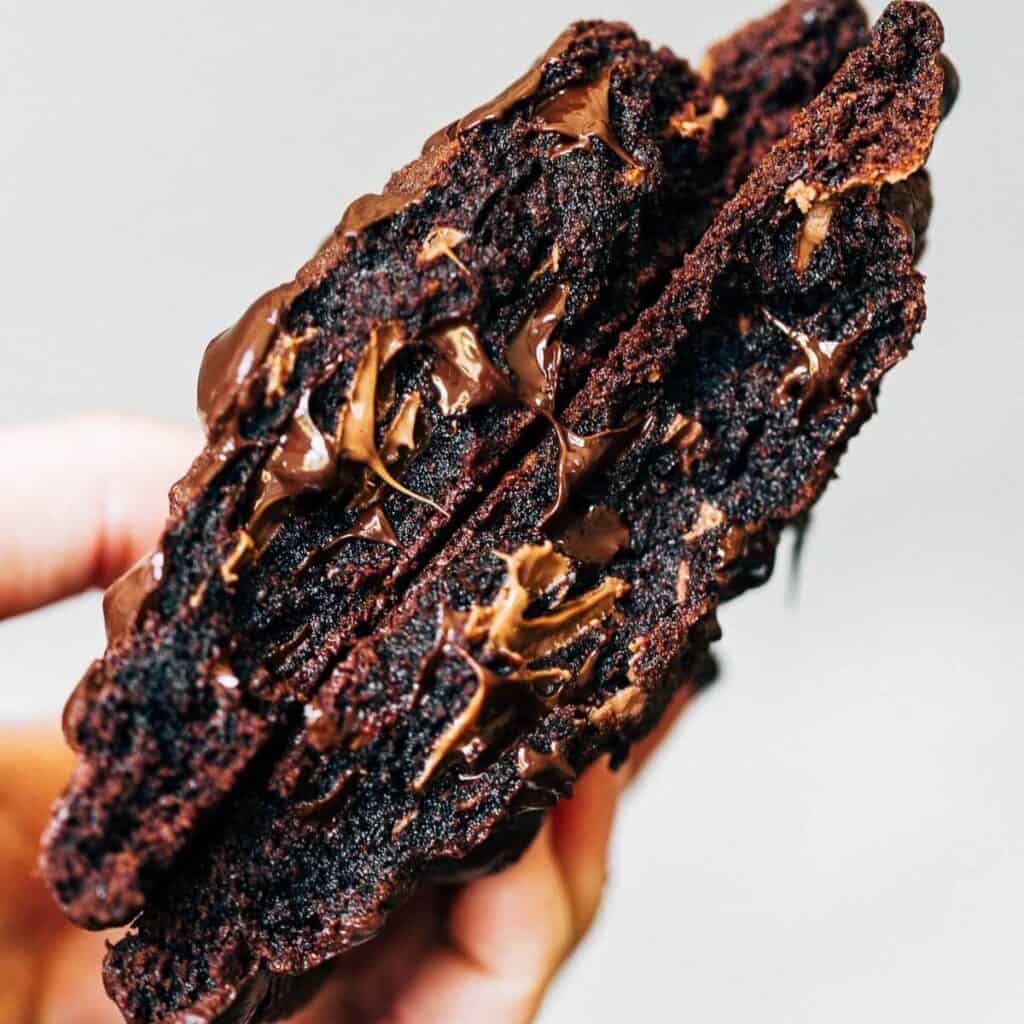 Inside a double chocolate chip cookie