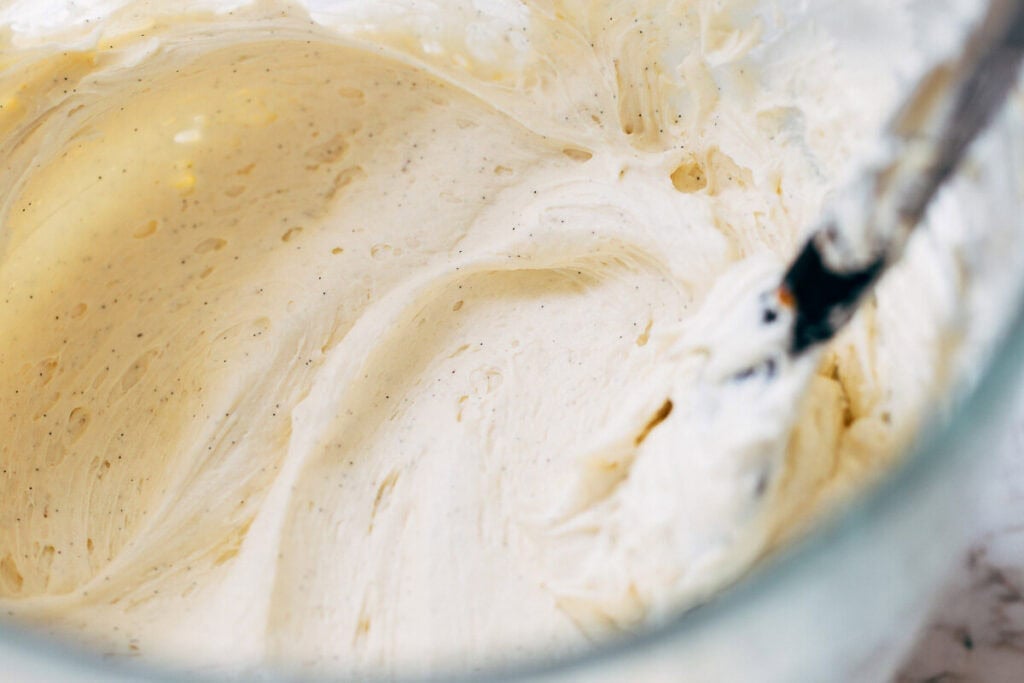 process shot of vanilla buttercream in mixing bowl