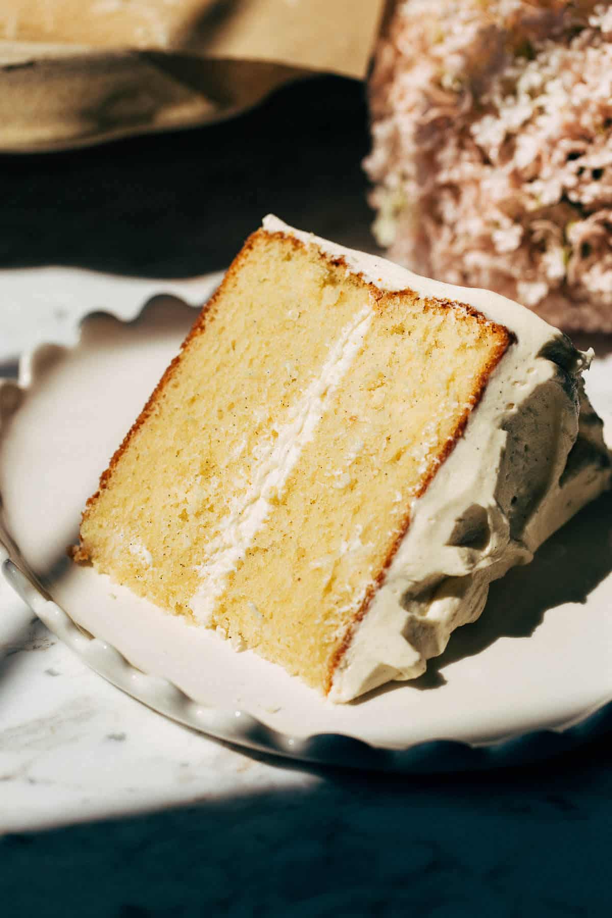 close up on vanilla layer cake slice