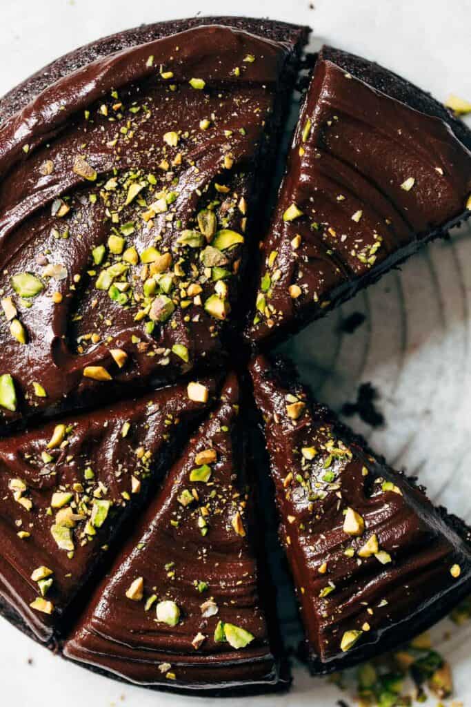 overhead shot of chocolate olive oil cake