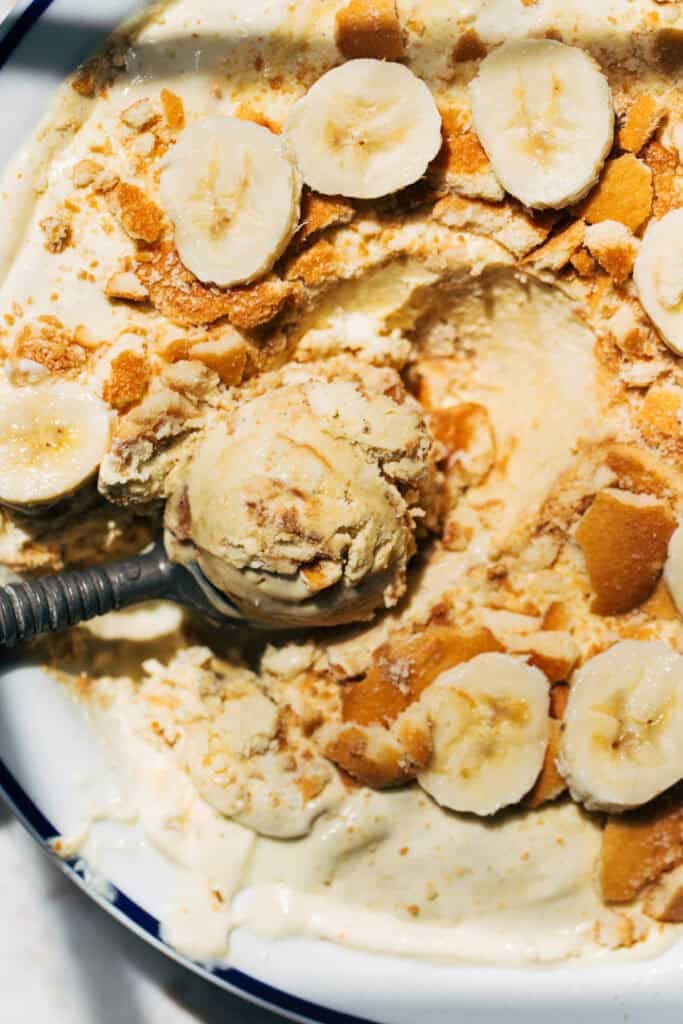 a scoop from a dish of banana pudding ice cream
