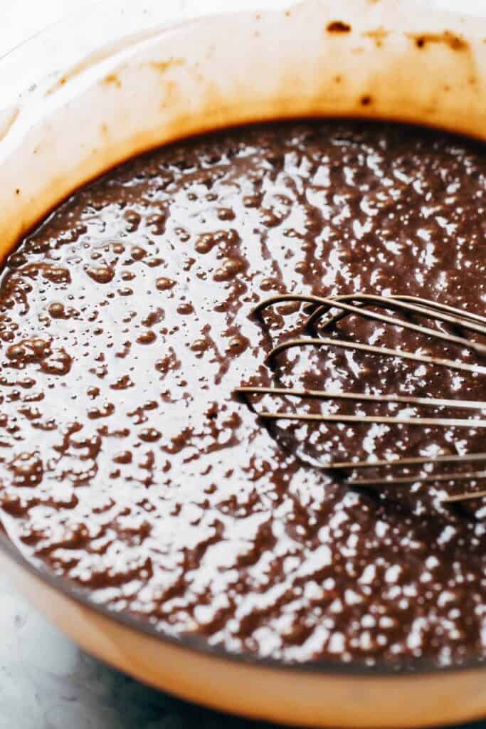 process shot of chocolate sheet cake batter