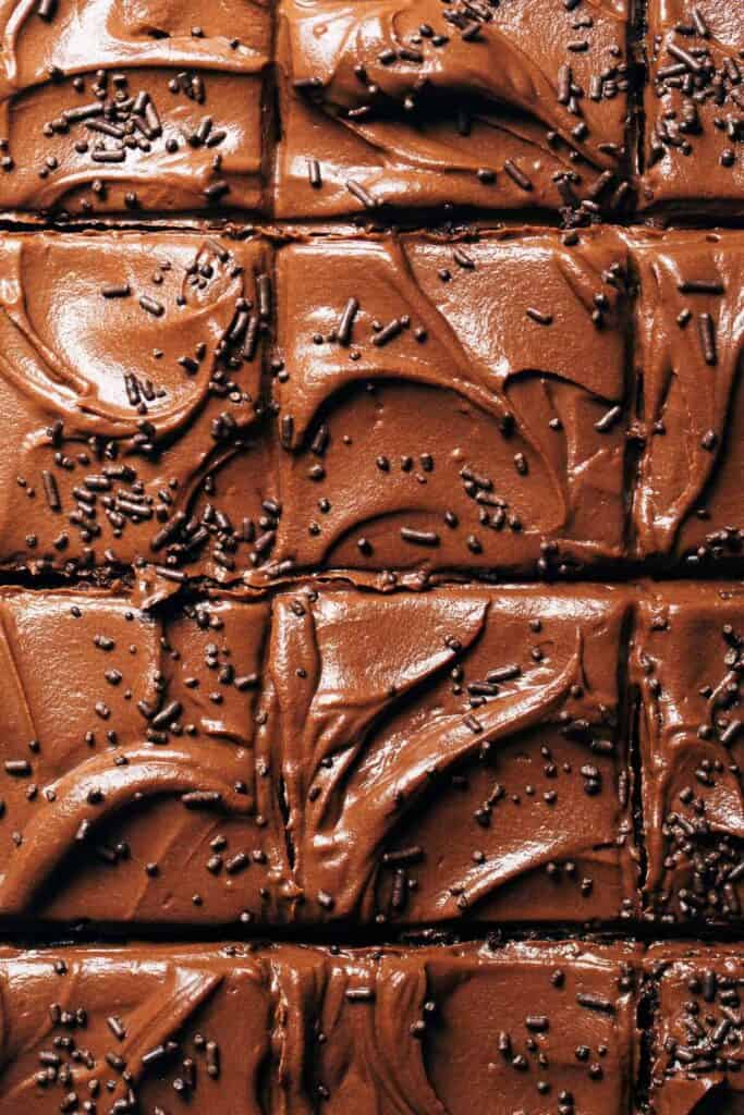 close up of chocolate sheet cake frosting