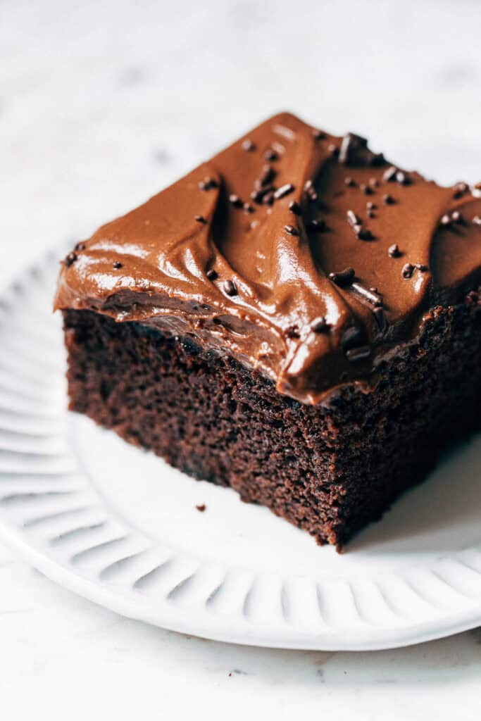 close up on slice of chocolate sheet cake