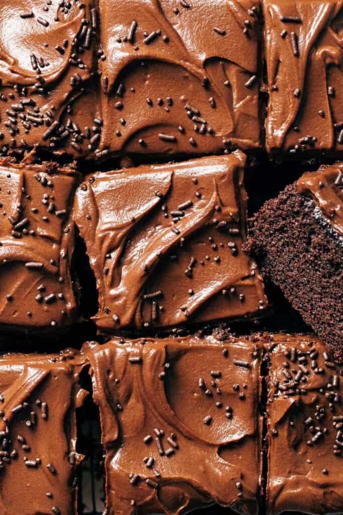 overhead shot of sliced chocolate sheet cake
