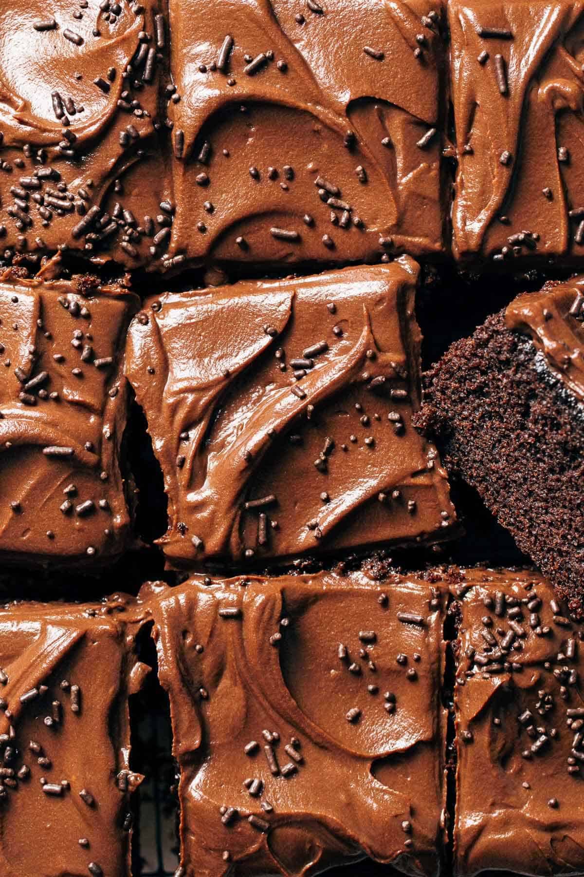 overhead shot of sliced chocolate sheet cake