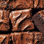 overhead shot of sliced chocolate sheet cake