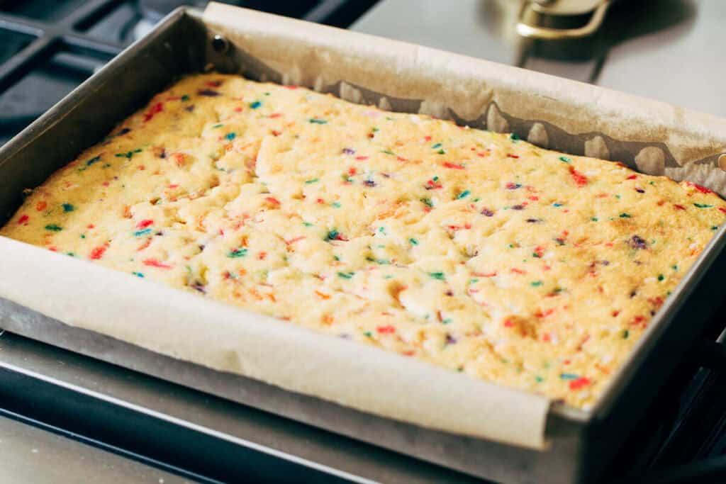 process shot of baked funfetti sheet cake