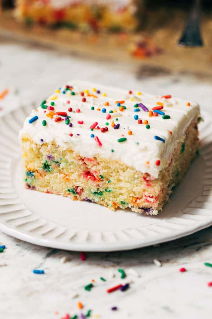 close up on slice of funfetti sheet cake