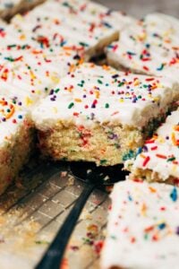inside a sliced funfetti sheet cake