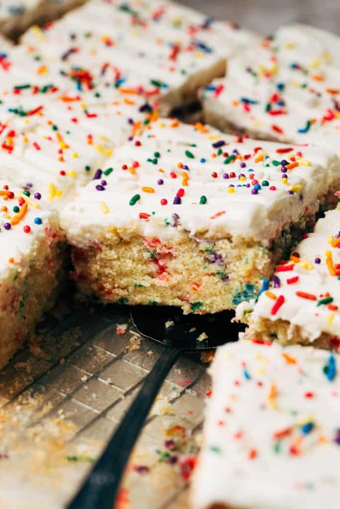 inside a sliced funfetti sheet cake
