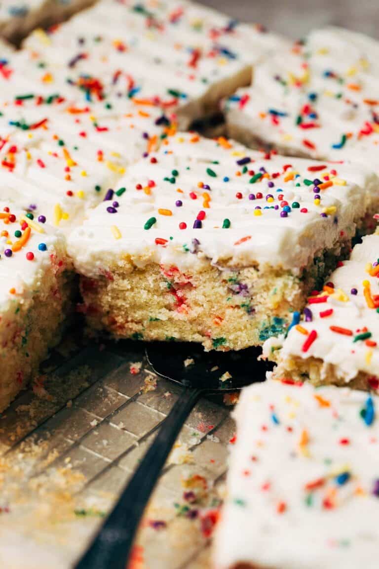 inside a sliced funfetti sheet cake
