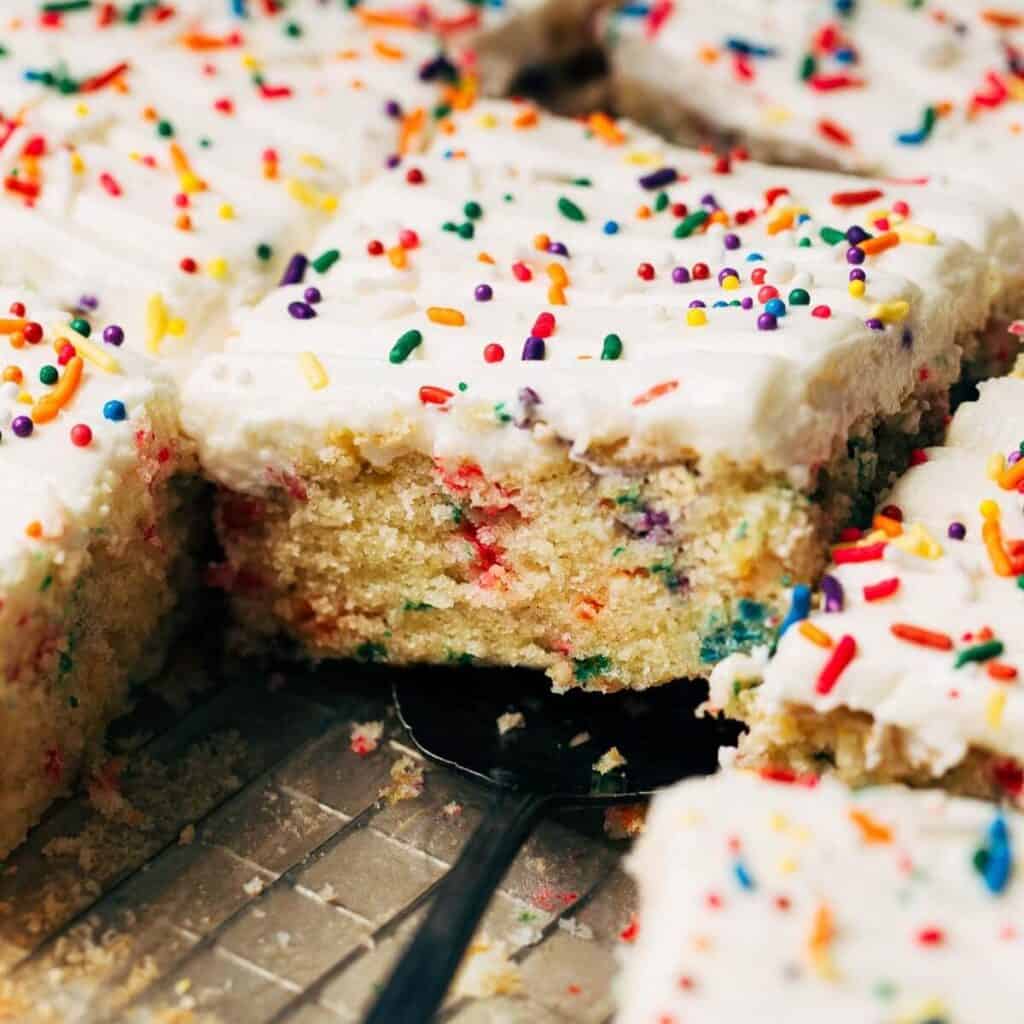inside a sliced funfetti sheet cake