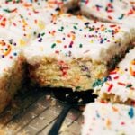 inside a sliced funfetti sheet cake