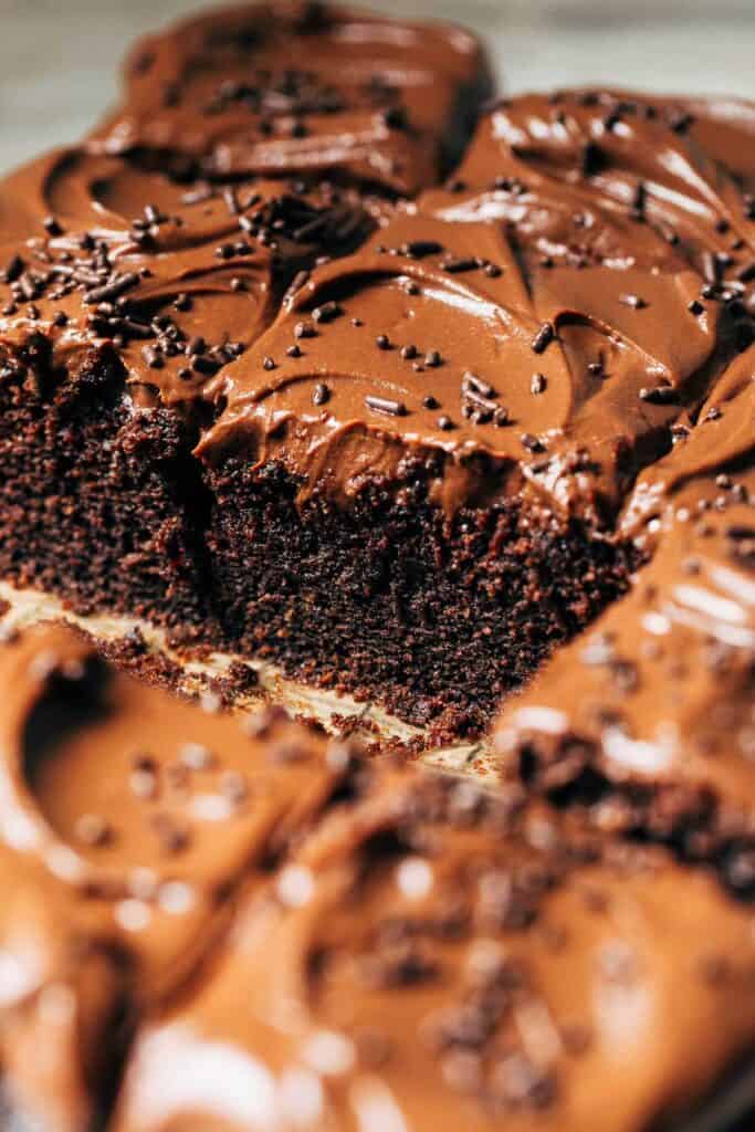 inside a sliced chocolate sheet cake
