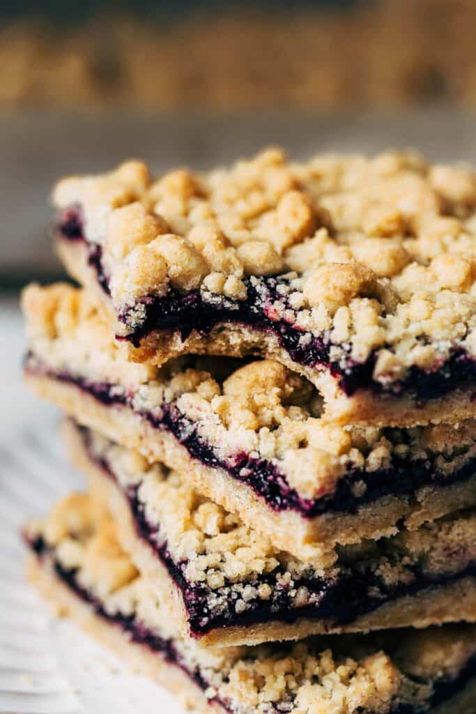 bite shot of wild blueberry crumble bars