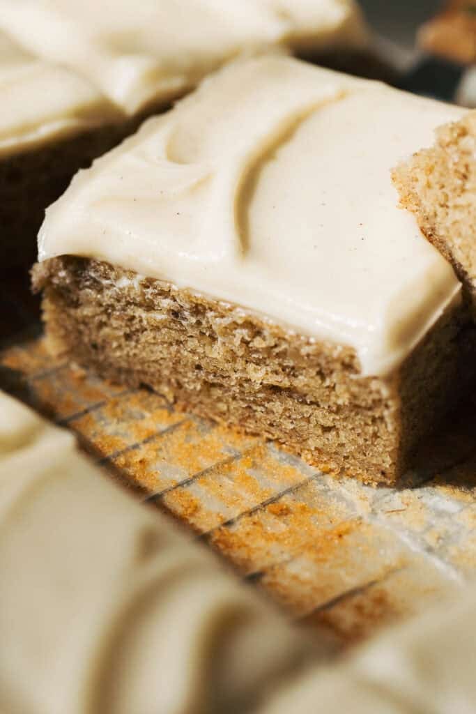 close up on a slice of banana cake