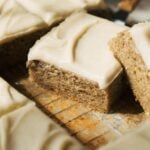 close up on a slice of banana cake