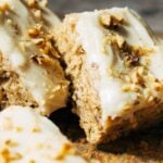 close up on sliced banana sheet cake