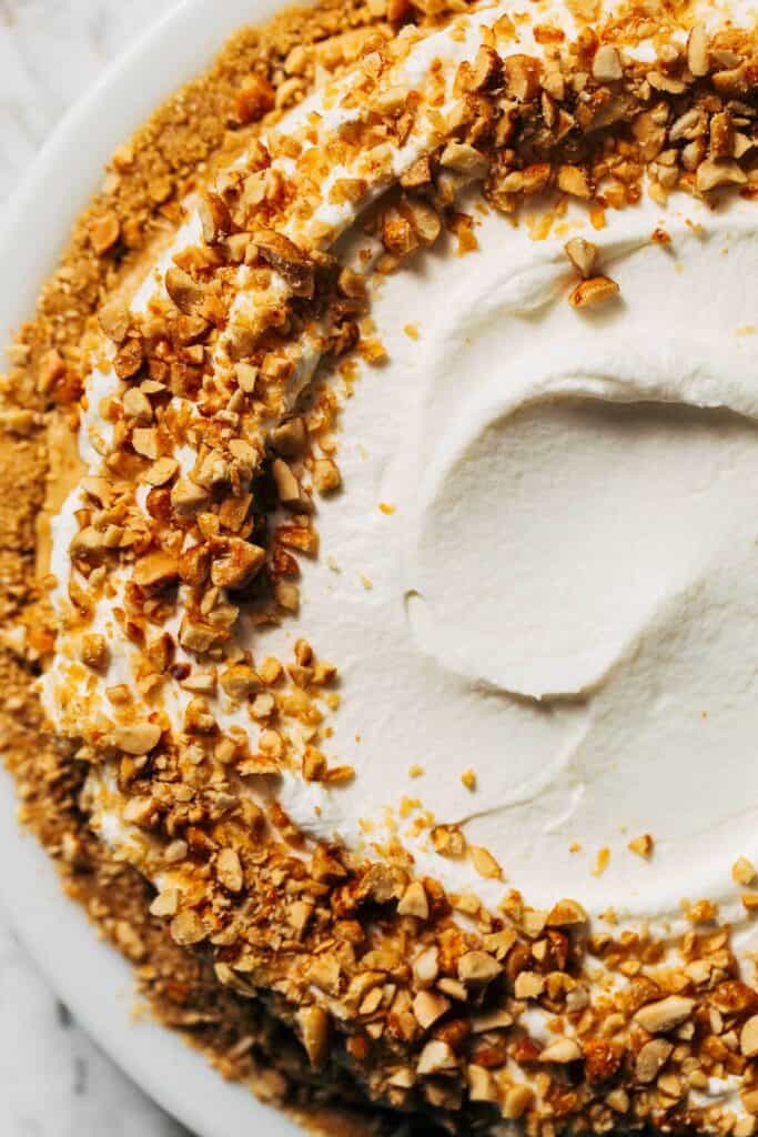 overhead shot of no bake peanut butter pie