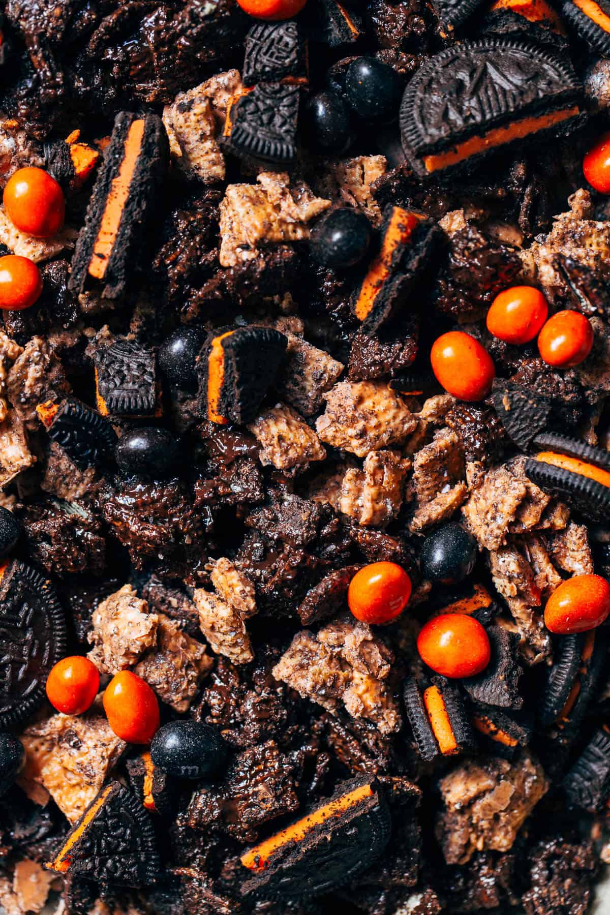 close up on halloween snack mix