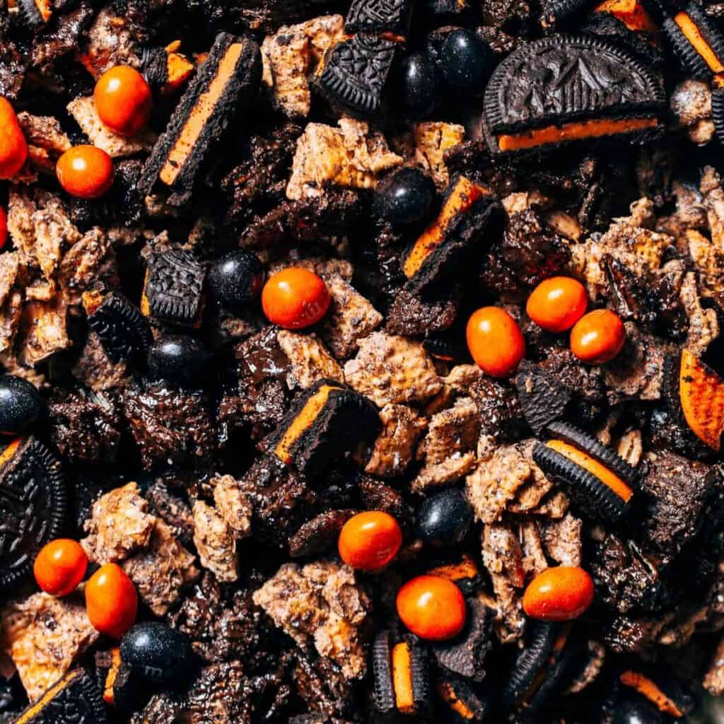 close up on halloween snack mix
