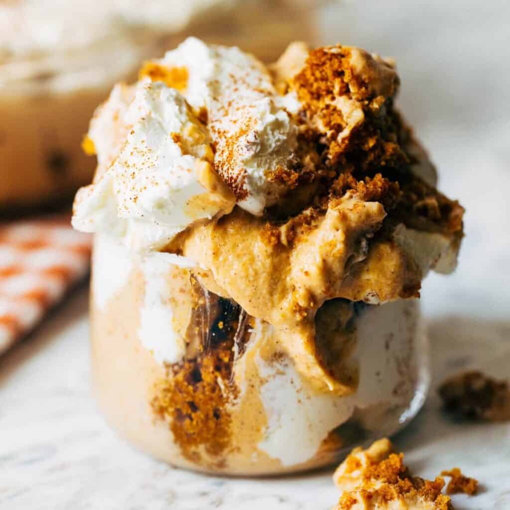 pumpkin bread pudding in a parfait glass