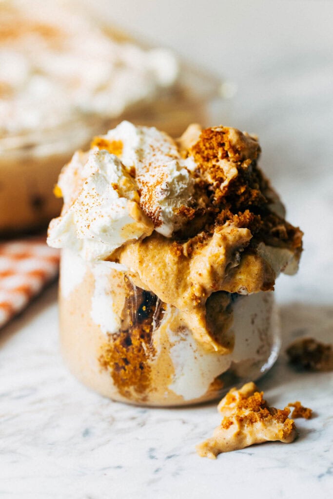 pumpkin bread pudding in a parfait glass
