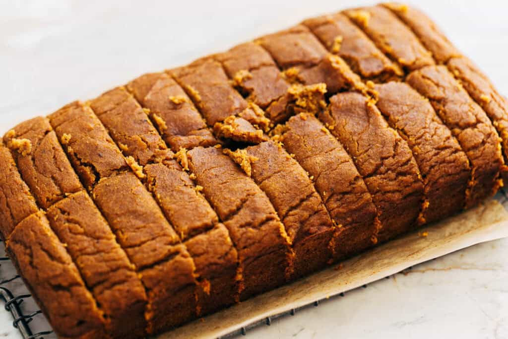process shot of sliced pumpkin loaf