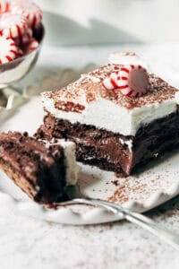 bite shot of chocolate peppermint pudding cake