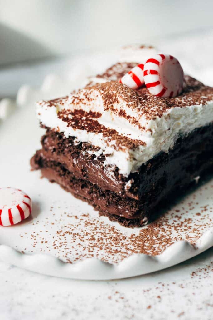 slice of chocolate peppermint pudding cake