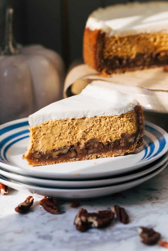 pumpkin pecan pie cheesecake slice