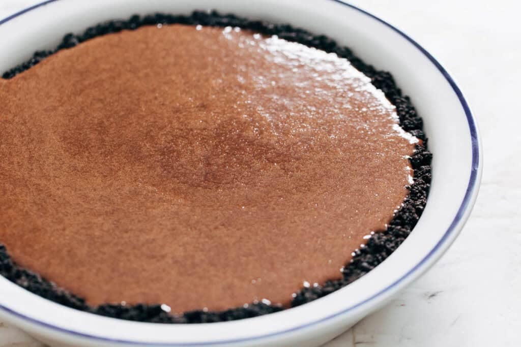 process shot of chocolate pie before chilling
