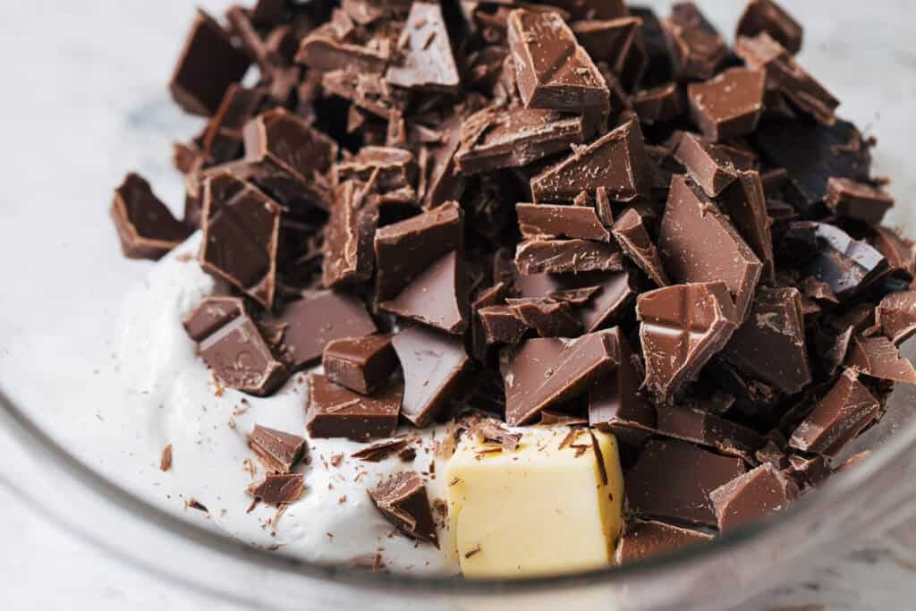 process shot of chocolate filling ingredients in mixing bowl