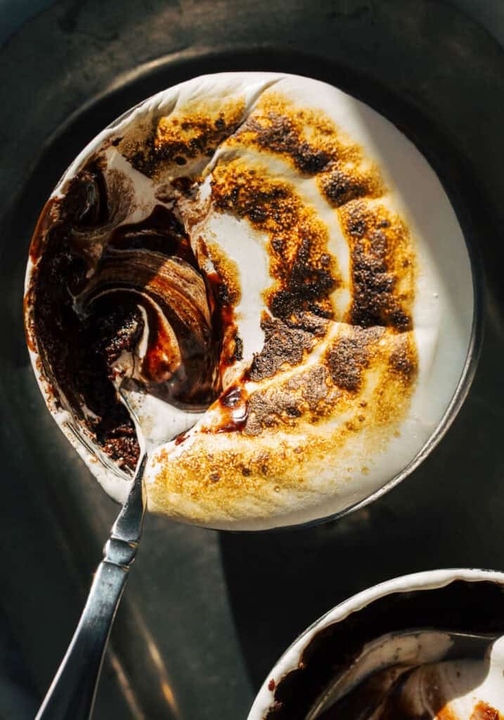 bite shot of toasted marshmallow lava cake