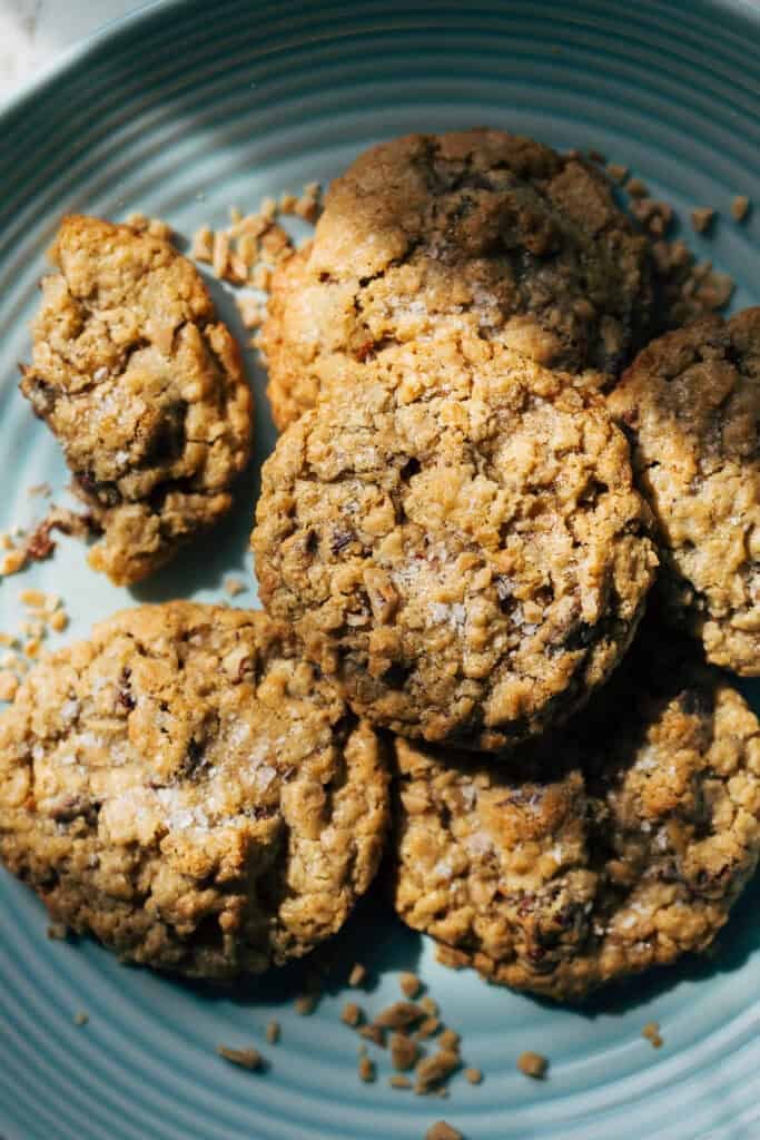 overhead shot of toasted milk chocolate cowboy cookies