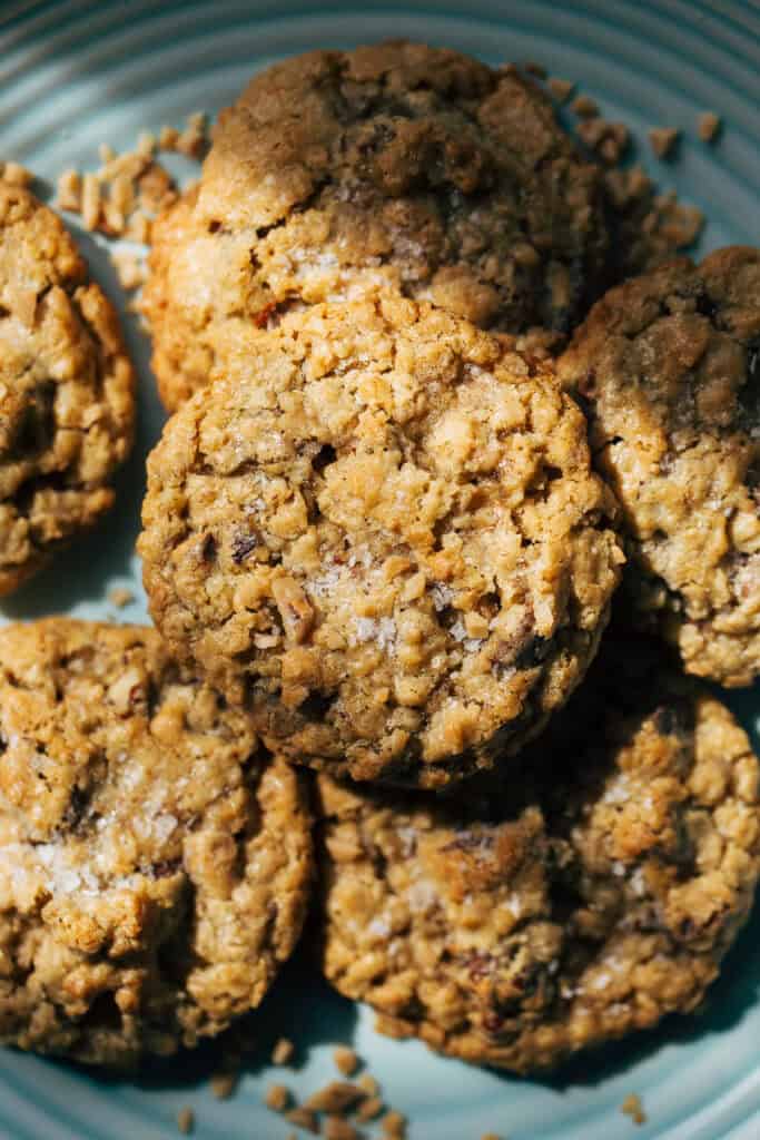 close up on toasted milk chocolate cowboy cookies