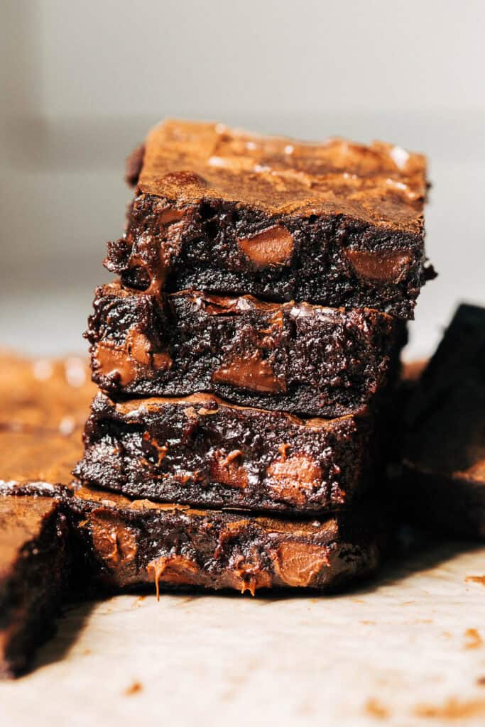 a stack of ooey gooey brownies