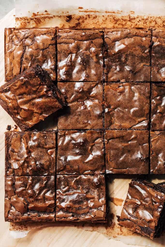 the top of sliced brownies with a glossy paper top