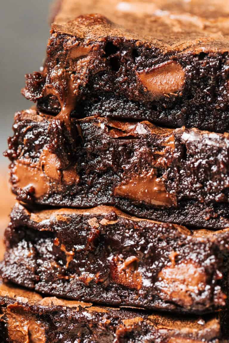close up on the texture of a stack of brownies