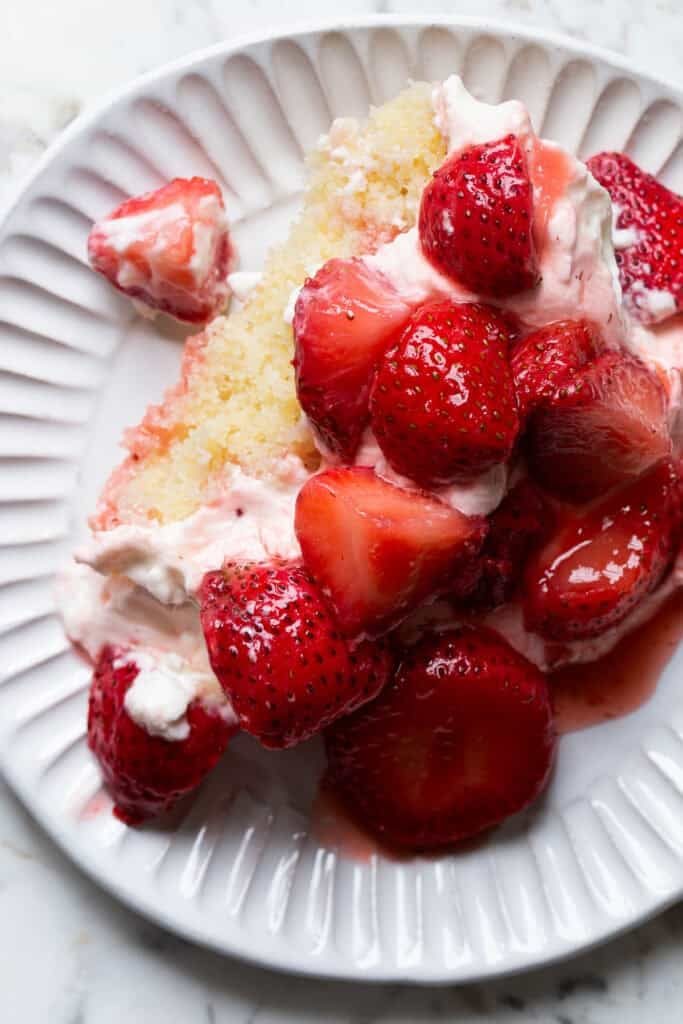 spooned and served strawberry shortcake cake