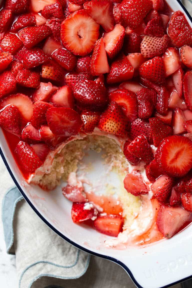 overhead shot of strawberry shortcake cake
