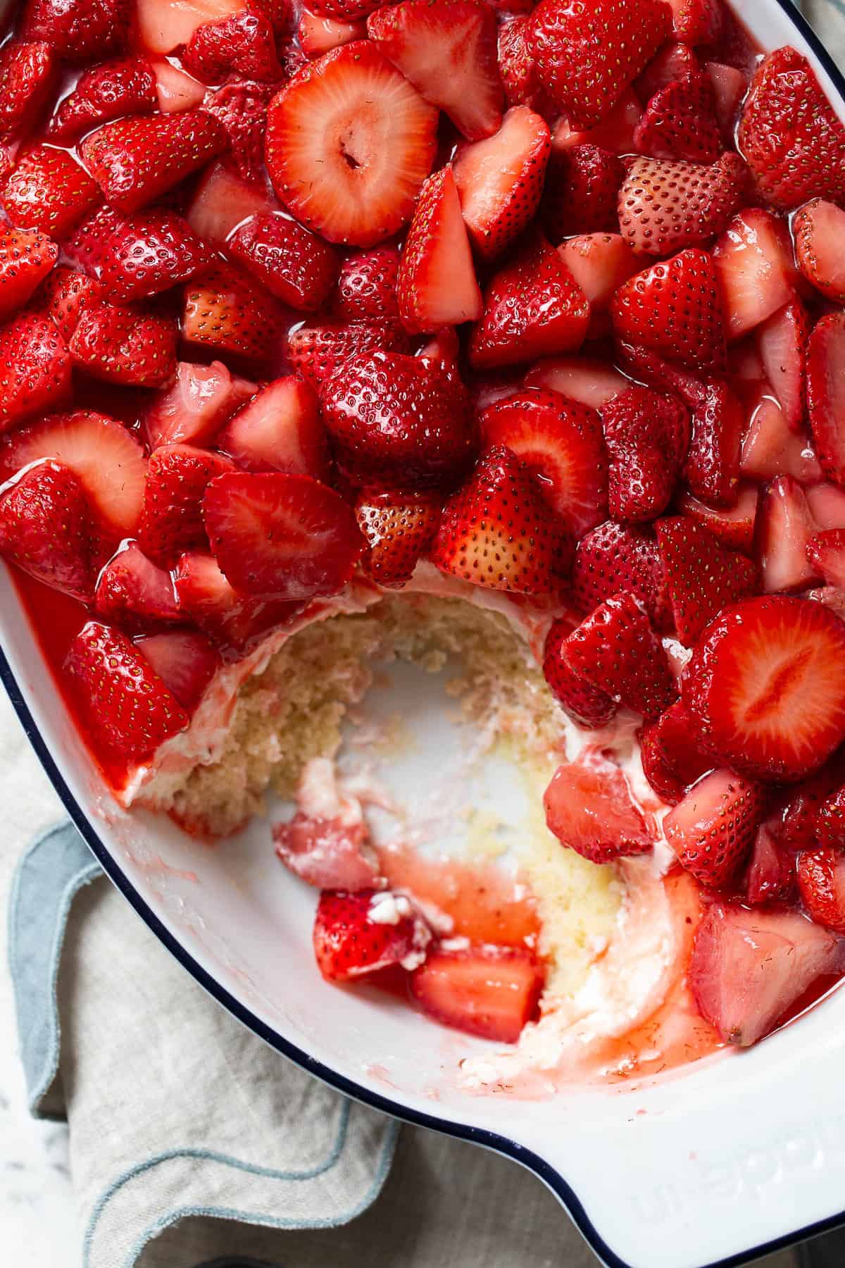 overhead shot of strawberry shortcake cake