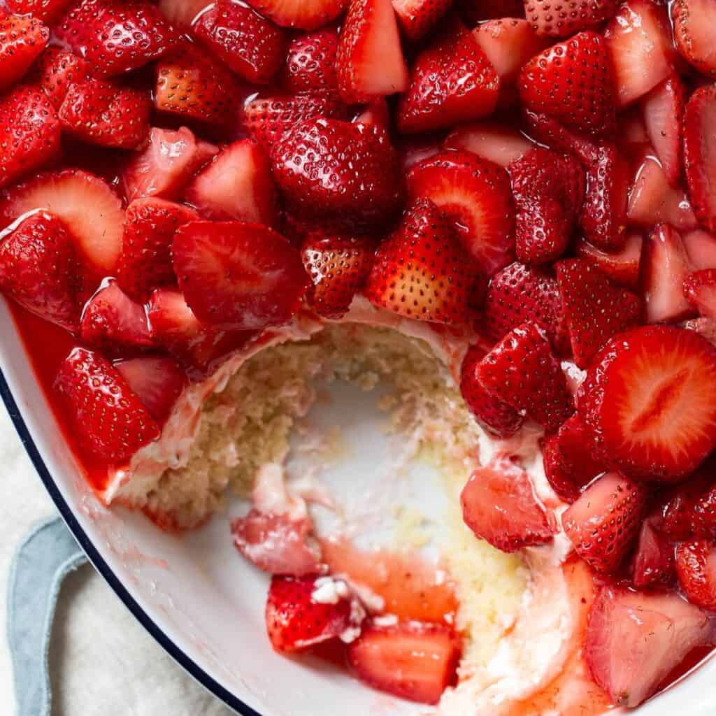 overhead shot of strawberry shortcake cake