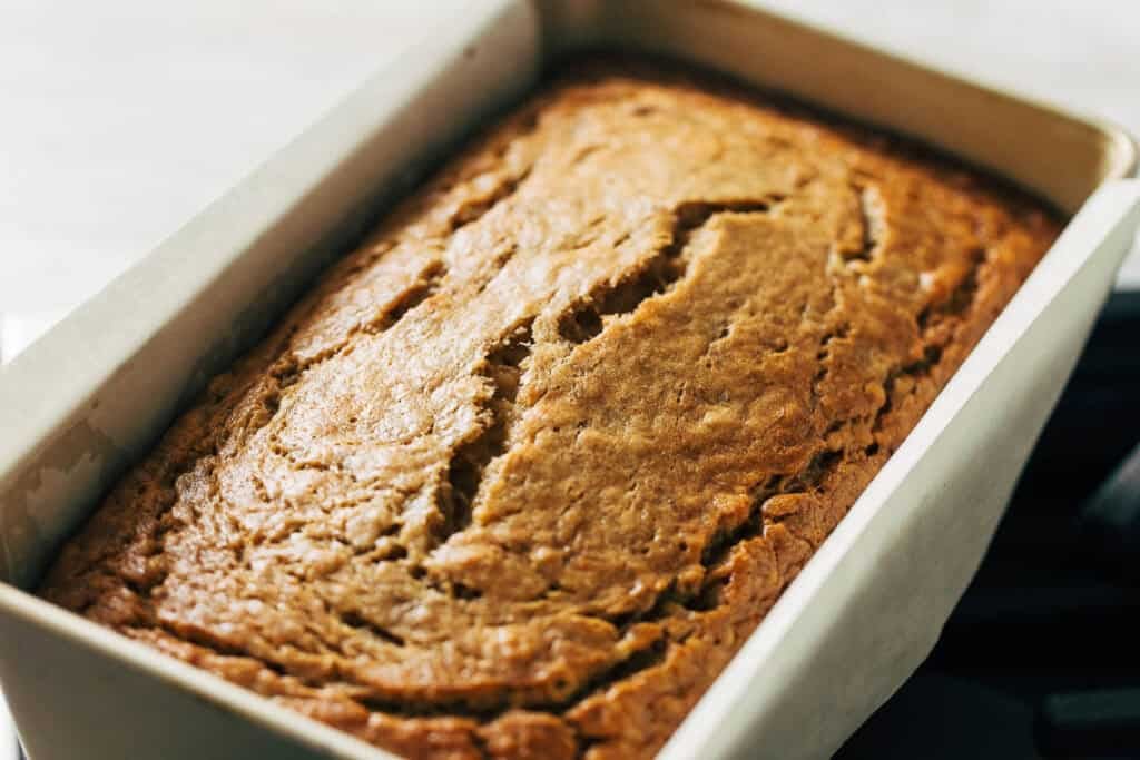 process shot of freshly baked banana bread