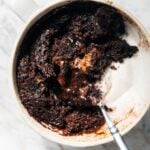 close up on chocolate mug cake with ice cream