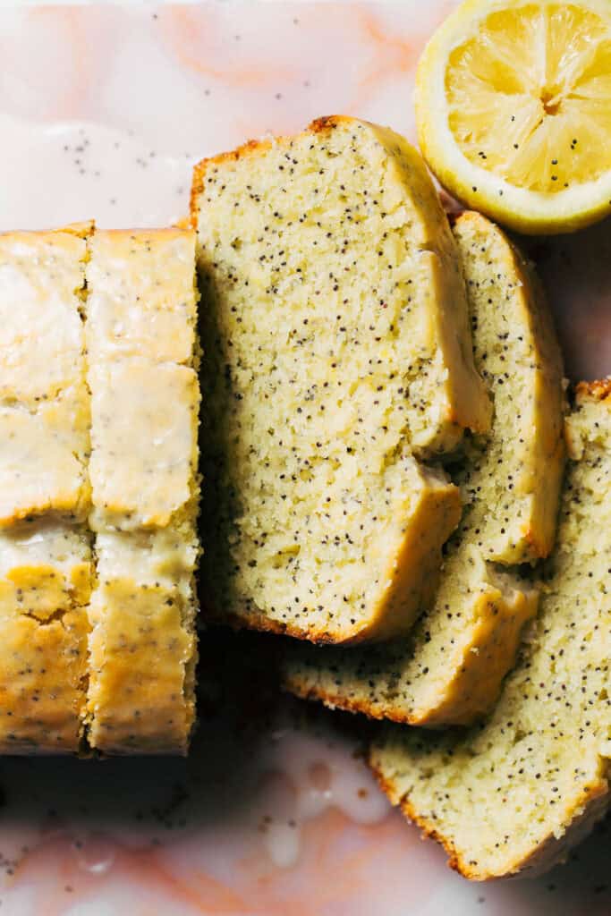 overhead shot of sliced lemon poppy seed bread